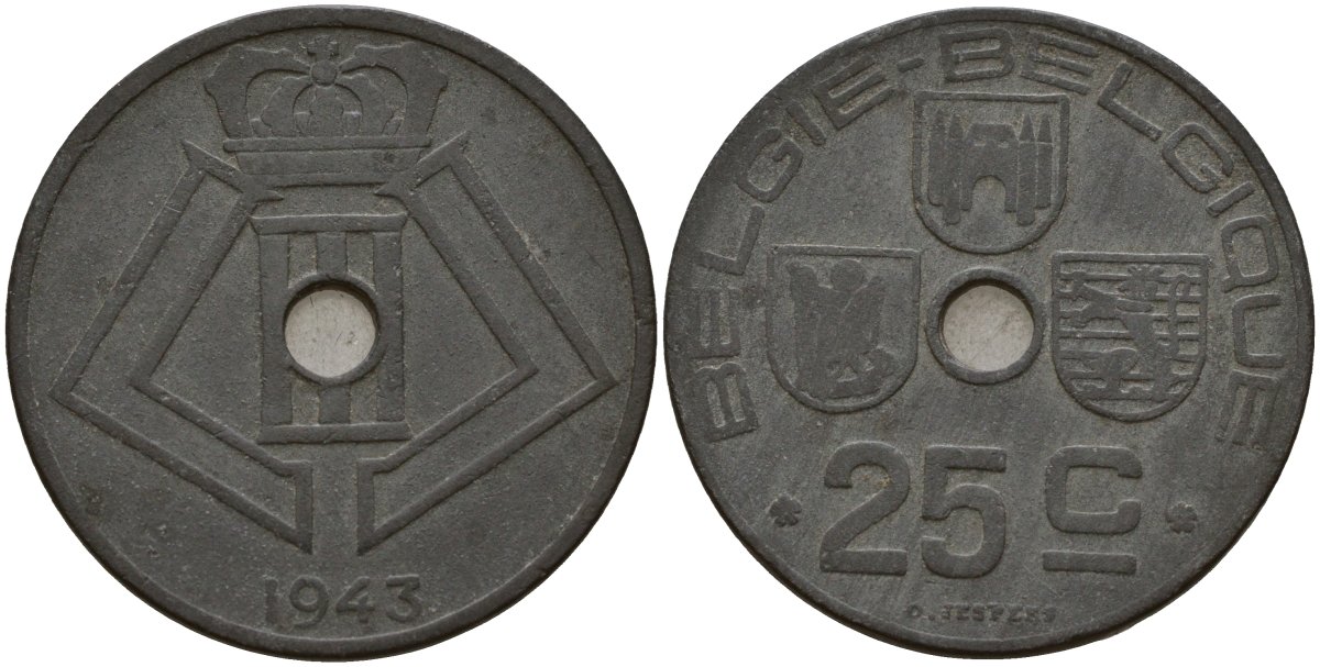 Бельгия 25 сантимов 1943 Belgie - Belgique, Леопольд III (1934-1947), германская оккупация, Вторая мировая война KM 132 цинк 4157-541