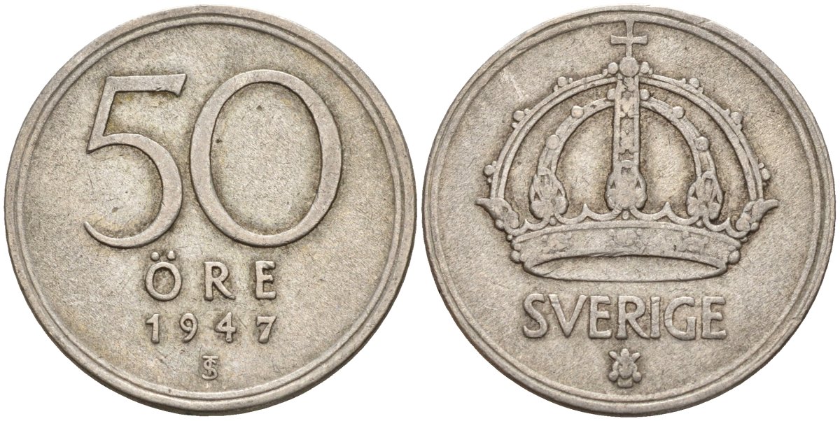 Швеция 50 эре 1947 TS, Густав V (1907-1950) KM 817 серебро 4148-855