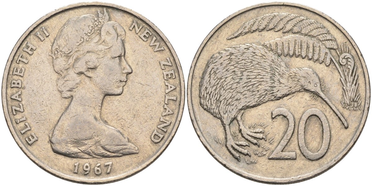 Новая Зеландия 20 центов 1967 Елизавета II (1952-2022), птичка киви KM 36.1 медно-никель 4131-1123