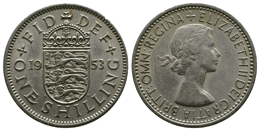 Великобритания 1 шиллинг 1953 Елизавета II (1952-2022), Английский герб KM 890, Spink 4139 медно-никель 4384-242