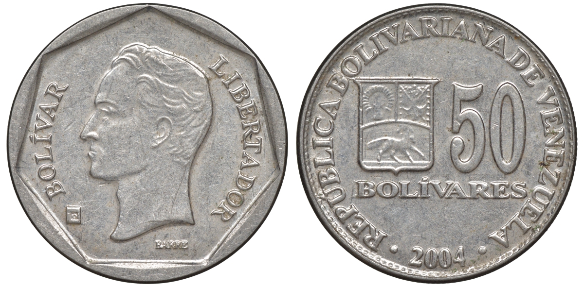 Венесуэла 50 боливаров 2004 Y 82 сталь плакированная никелем 4606-544