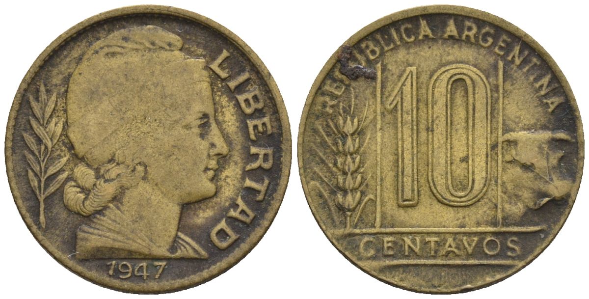 Аргентина 10 сентаво 1947 голова свободы вправо KM 41, CJ 210, Schon 44 алюминиевая бронза    4609-1146