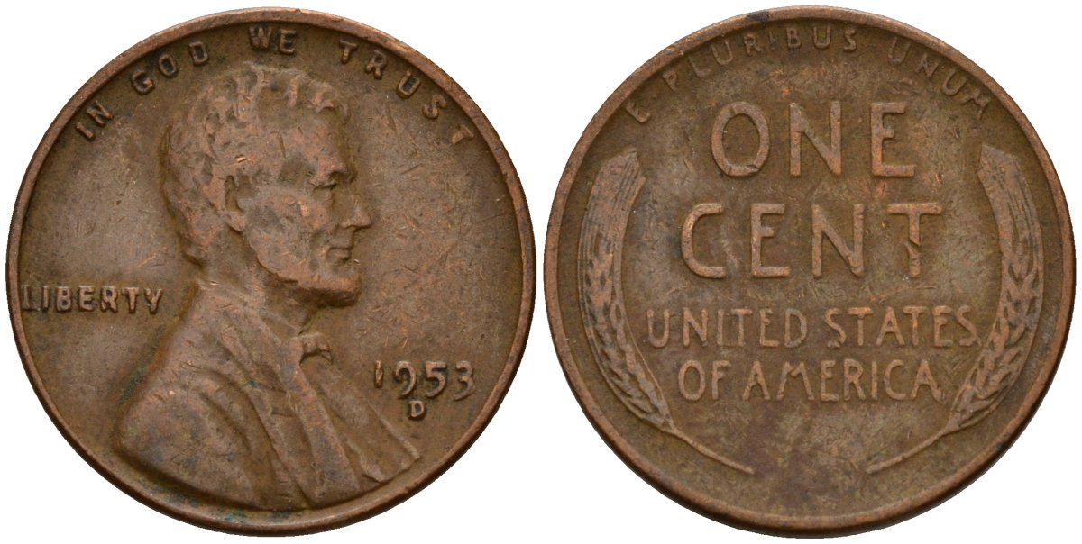 США 1 цент 1953 D, Авраам Линкольн KM A132 латунь 4189-538