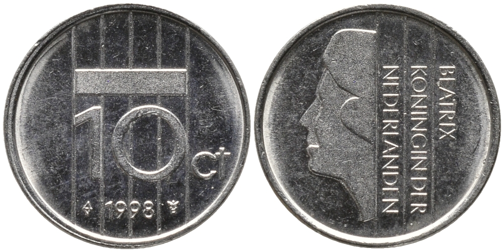 НИДЕРЛАНДЫ 10 ЦЕНТОВ 1998 БЕАТРИКС KM 203 никель 96-1256