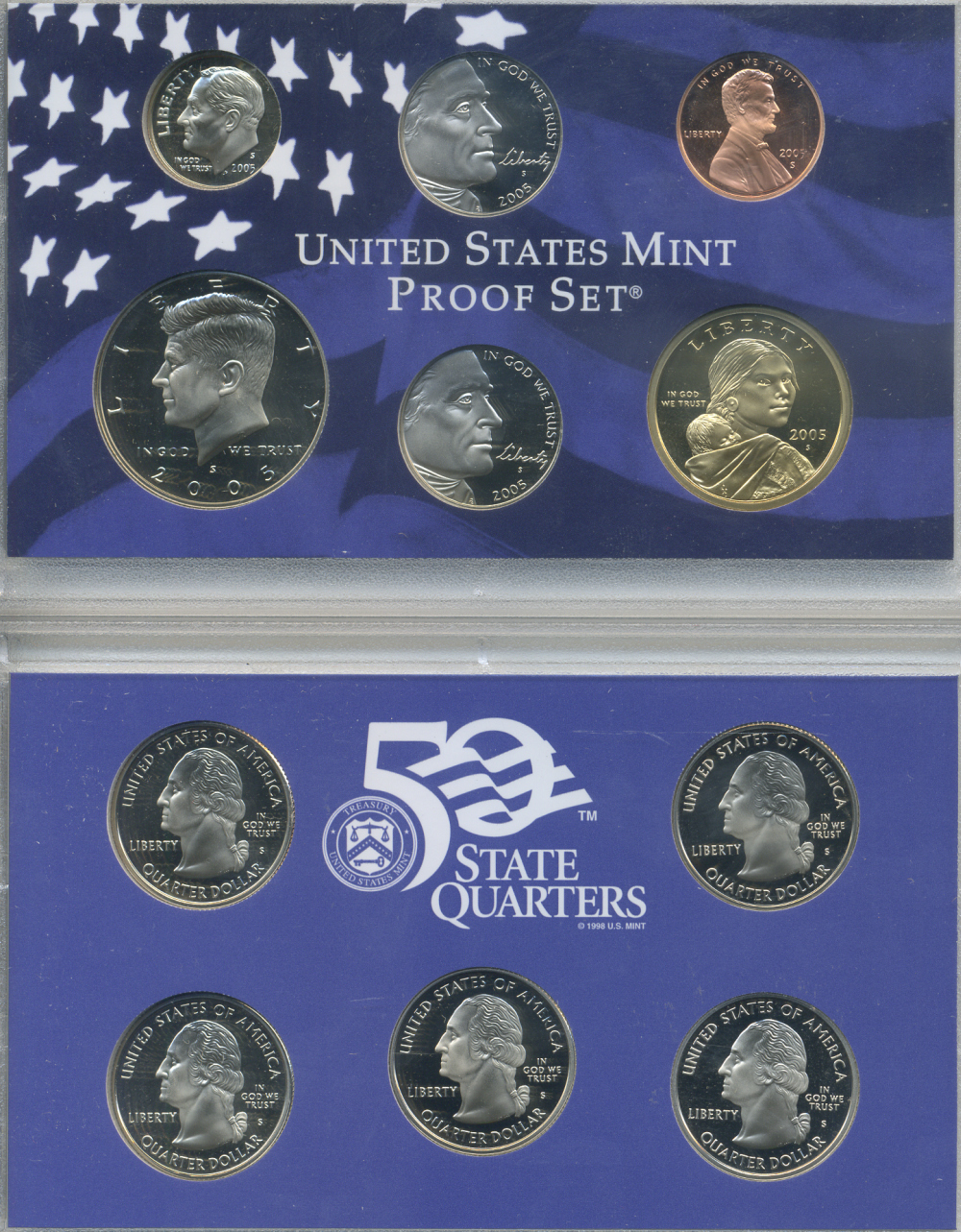 США 2 ОФИЦИАЛЬНЫХ НАБОРА В ОДНОМ 2005 S, ДВА ПРУФСЕТА В ПЛАСТИКОВЫХ КОРОБКАХ, РЕГУЛЯРНЫЙ ЧЕКАН И 5 КВОТЕРОВ ШТАТЫ, В ОРИГИНАЛЬНОЙ КОРОБКЕ С СЕРТИФИКАТОМ PROOF 3-6-2-4