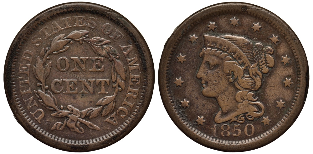 США 1 цент 1850 большой формат, Braided hair  медь    1531-131