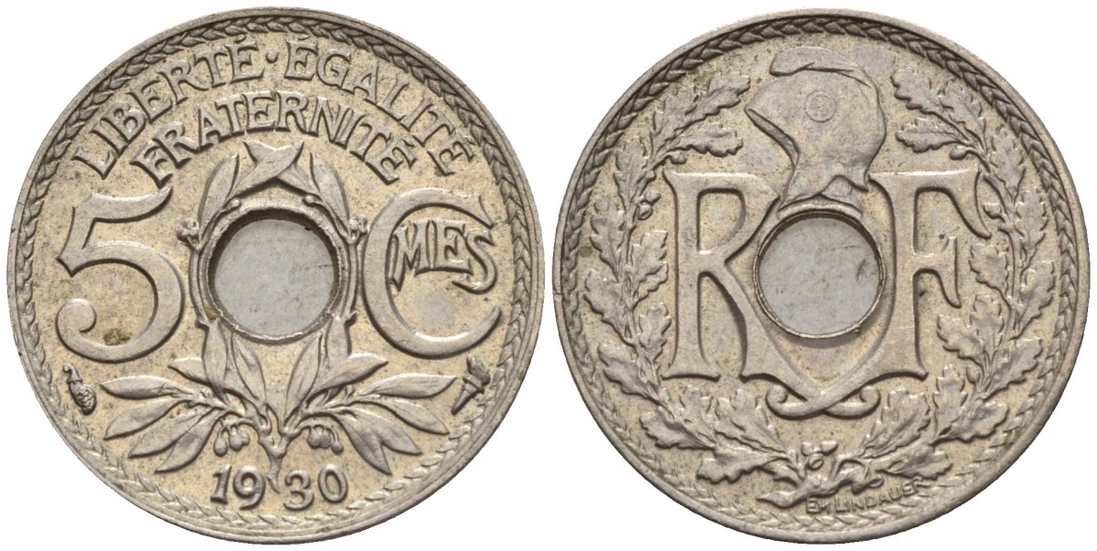 Франция 5 сантимов 1930 KM 875 медно-никель 4596-612