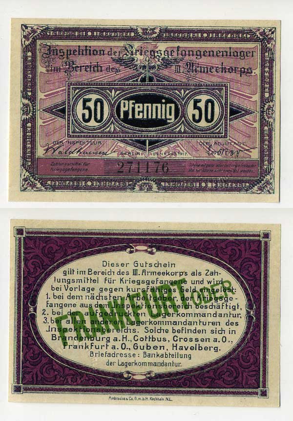 Германия 50 пфеннигов 1917 инспекция лагерей военнопленных в Франкфурте на Одере, III-ий Армейский корпус C-2962 бумага UNC (пресс) 504-92-2-1