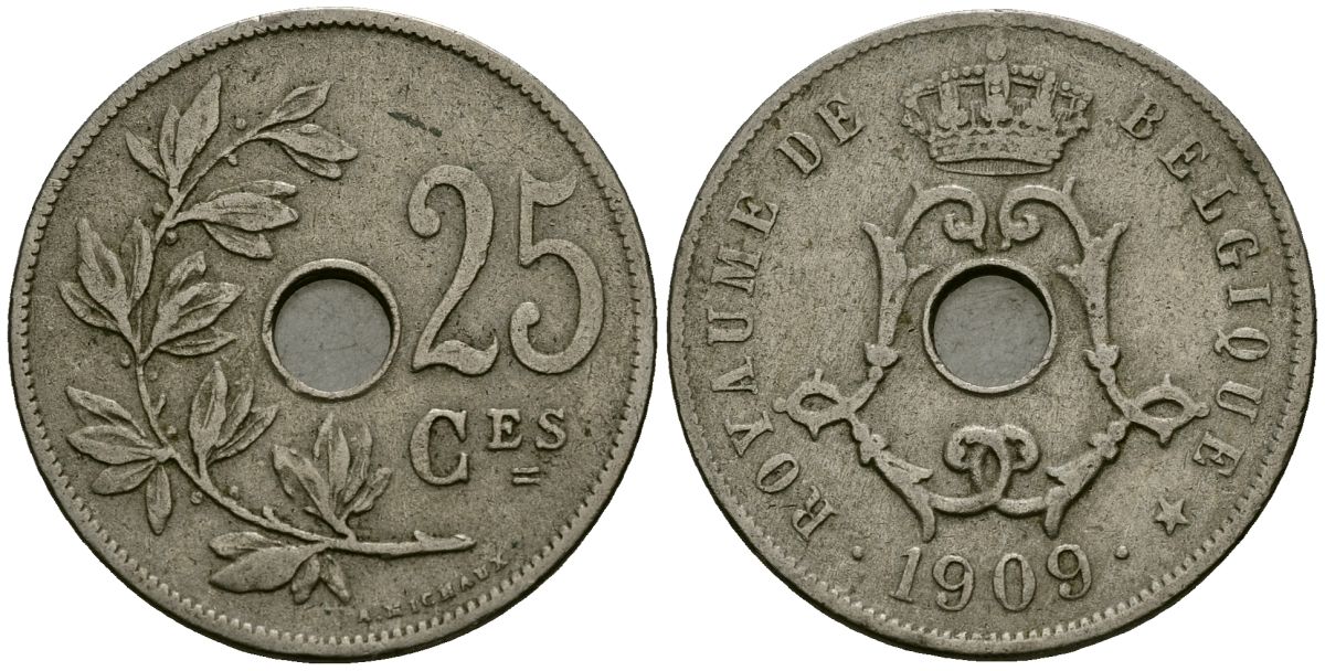 Бельгия 25 сантимов 1909 Belgique KM 62 медно-никель 4168-1146