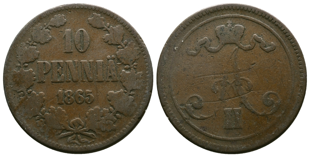 РОССИЯ ДЛЯ ФИНЛЯНДИИ 10 ПЕННИ 1865 АЛЕКСАНДР II Биткин 651 медь 4382-843