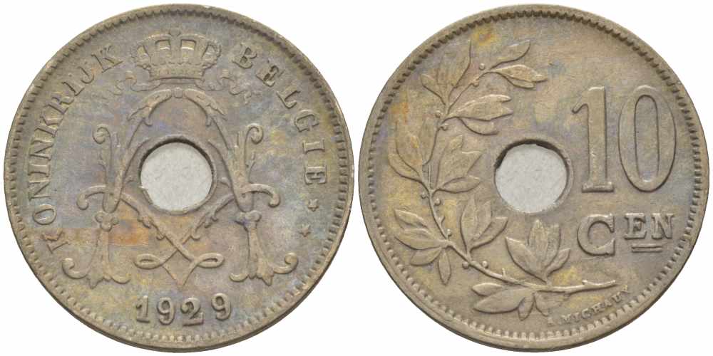 БЕЛЬГИЯ 10 САНТИМОВ 1929 BELGIE KM 86 медно-никель 108-114