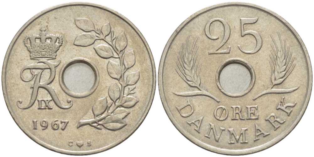 Дания 25 эре 1967 С; S, Фредерик IX (1947-1972) KM 855.1 медно-никель 108-1241