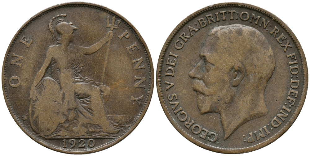 Великобритания 1 пенни 1920 Георг V (1910-1936) KM 810, Spink 4051 бронза 32-836