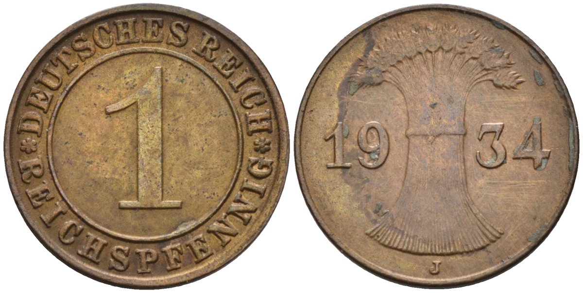 Германия 1 рейхспфенниг 1934 J KM 37, J.313, Weege 2 медь 4585-632