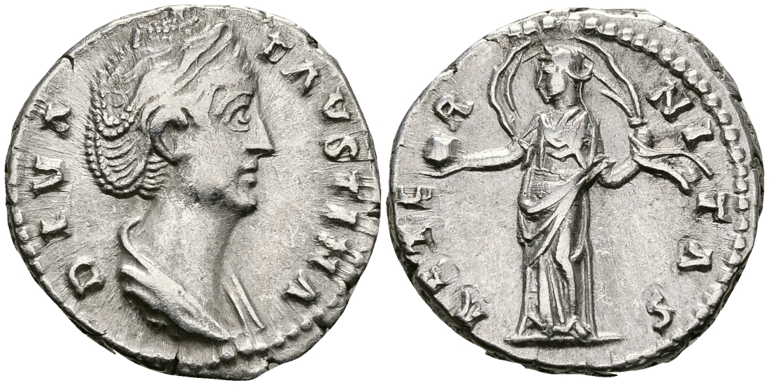 Римская Империя денарий 140 - 141 Фаустина Старшая, жена Антонина Пия (посмертная чеканка) AETERNITAS Рим Good Very fine RIC 351 серебро 1073-4-53
