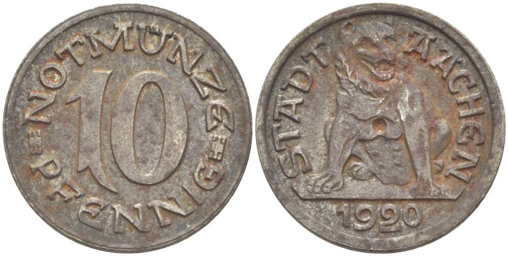 Германия, Ахен 10 пфеннигов 1920 нотгельд, земля Северный Рейн-Вестфалия Funck 1.1 железо 4523-246