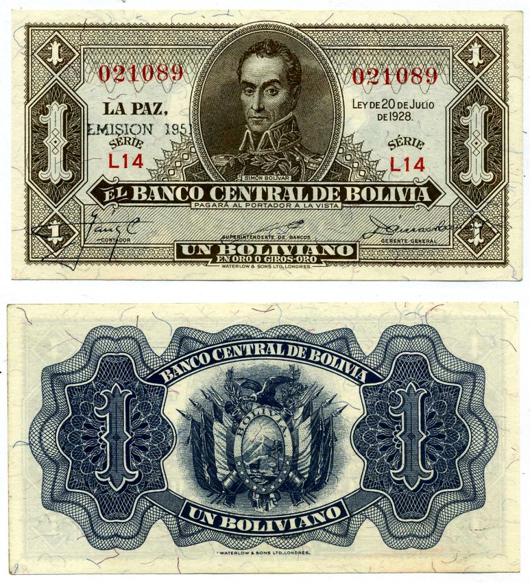 Боливия 1 боливиано 1928 (1951-1952) , Симон Боливар, надпечатка EMISION 1951 Pick 128b бумага UNC (пресс) 000-00-00