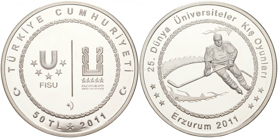 Турция 50 лир 2011 XXV зимняя Универсиада в Эрзурум 2011 года, хоккей KM NEW серебро PROOF 11-037-13