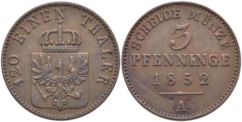 ПРУССИЯ 3 ПФЕННИГА 1852 А, ФРИДРИХ ВИЛЬГЕЛЬМ (1840-1861) KM 453 медь 117-211