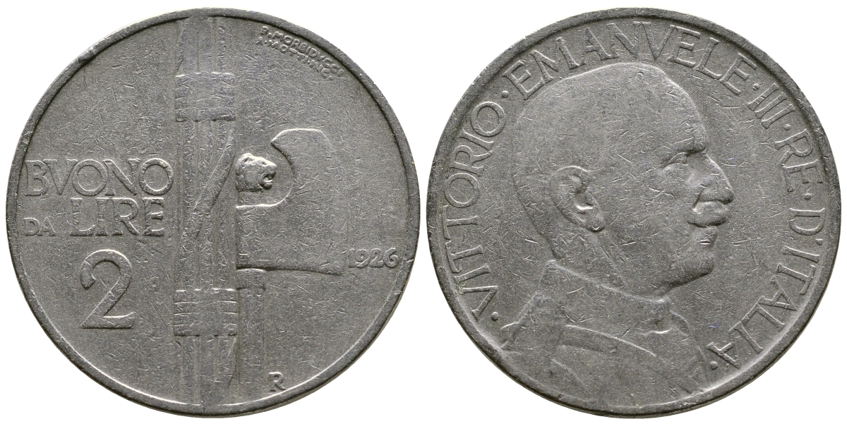 ИТАЛИЯ 2 ЛИРЫ 1926 R, ВИКТОР ИМАНУИЛ III KM 63 никель 4383-845