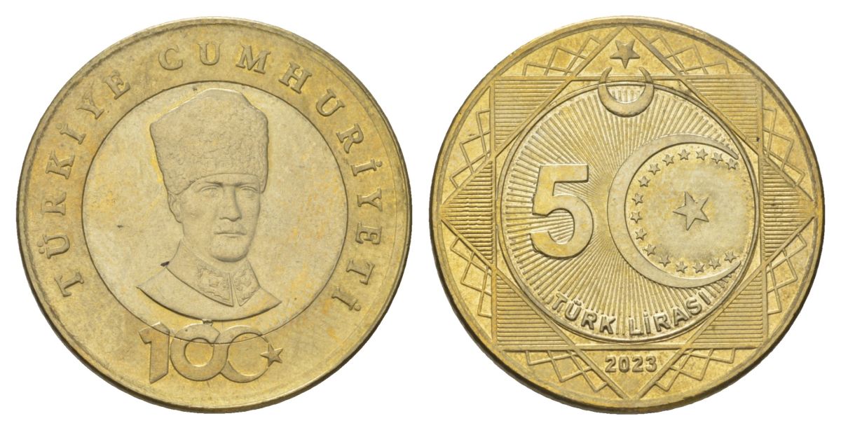 Турция 5 лир 2023 100 лет Турецкой Республики KM NEW биметалл UNC 221-1111