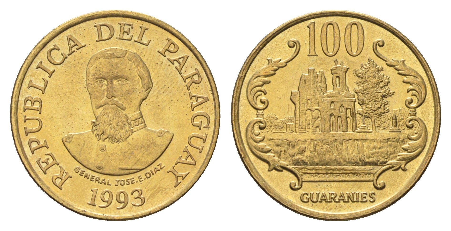 Парагвай 100 гуарани 1993 KM 177a сталь плакированная латунью UNC 4666-1122