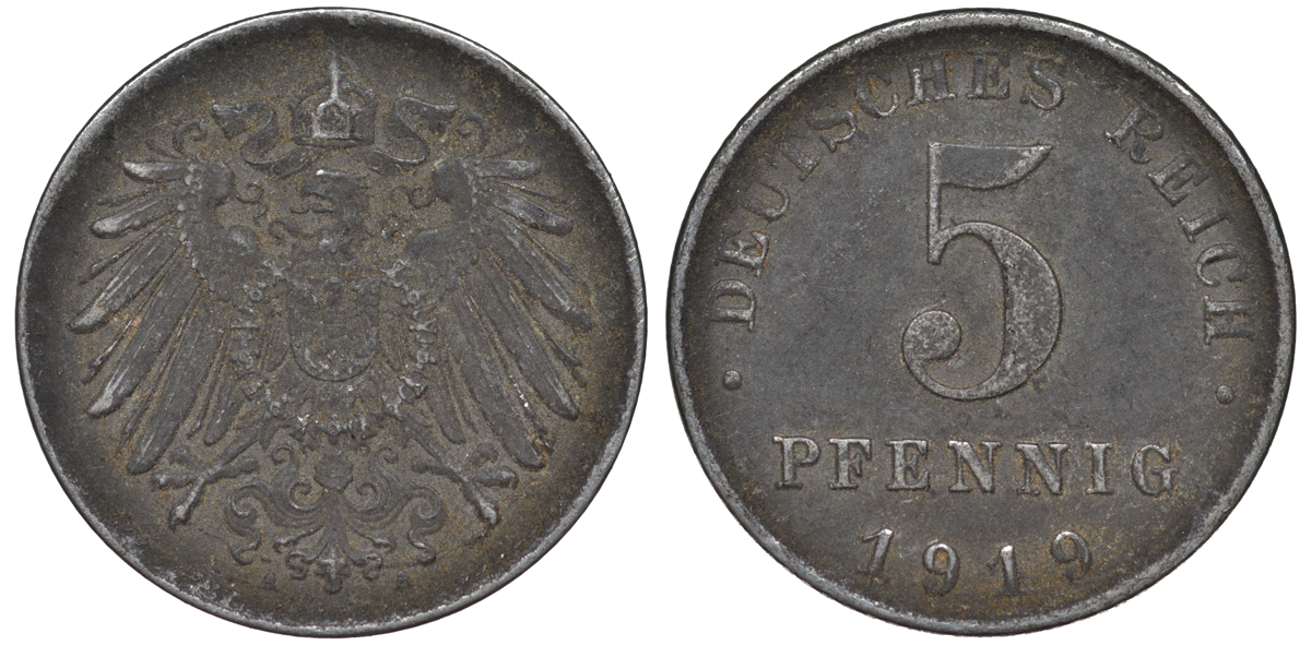 ГЕРМАНИЯ 5 ПФЕННИГОВ 1919 A KM 19, J. 297 железо 45-1158