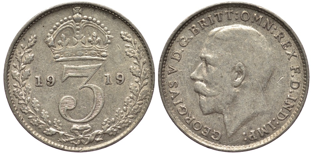 Великобритания 3 пенса 1919 Георг V (1910-1936) KM 813, Spink 4015 серебро 4528-511