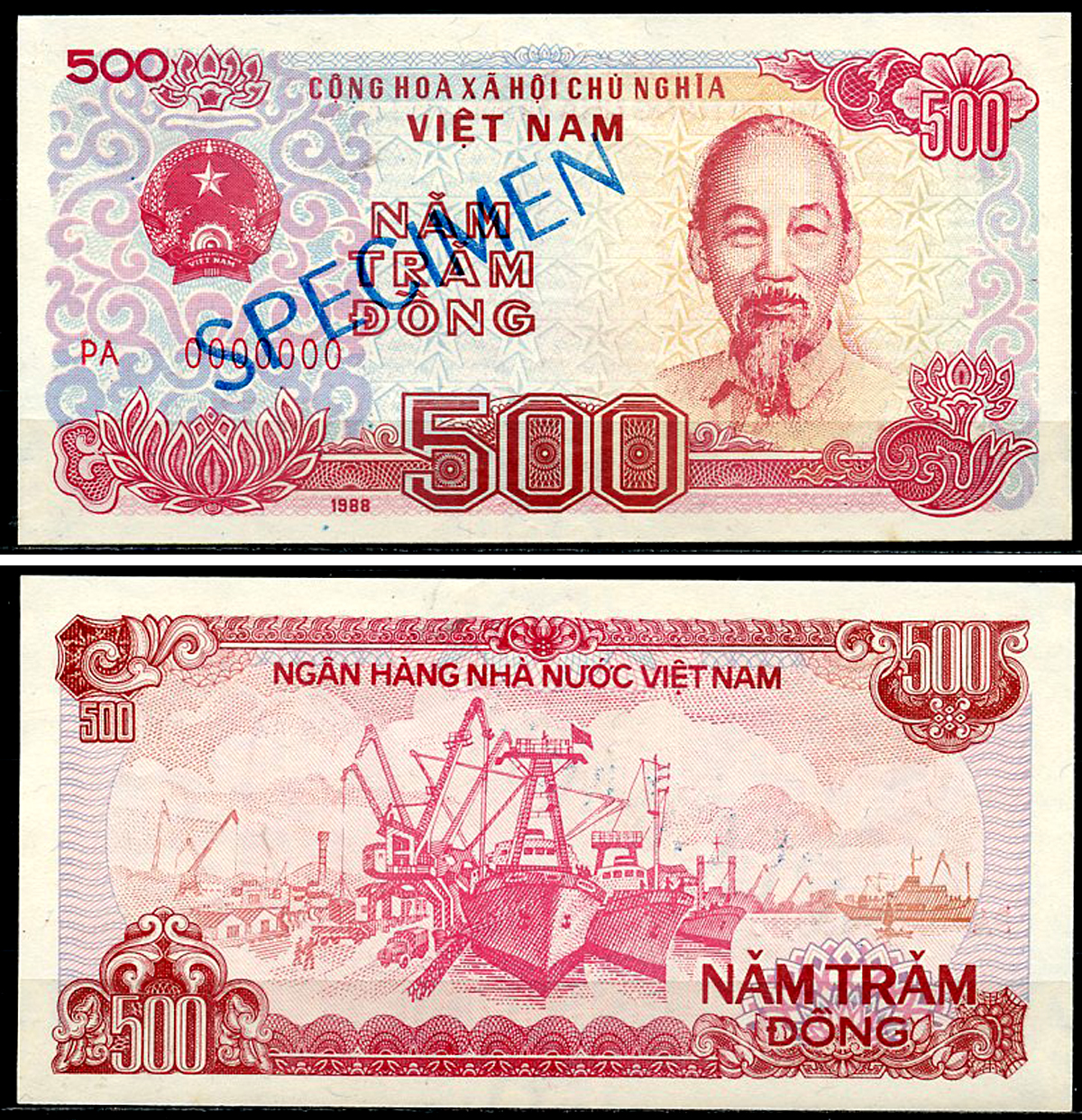 Вьетнам 500 донгов 1988 образец, Specimen, 0000000, Хо Ши Мин, корабли, большая серия Pick 101 b s  бумага  UNC (пресс) 451-966-1