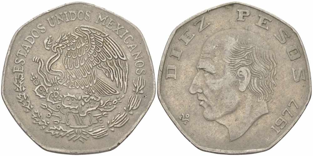 МЕКСИКА 10 ПЕСО 1977 МАНУЭЛЬ ХИДАЛЬГО КАСТИЛЬЯ KM 477.1 медно-никель 109-541