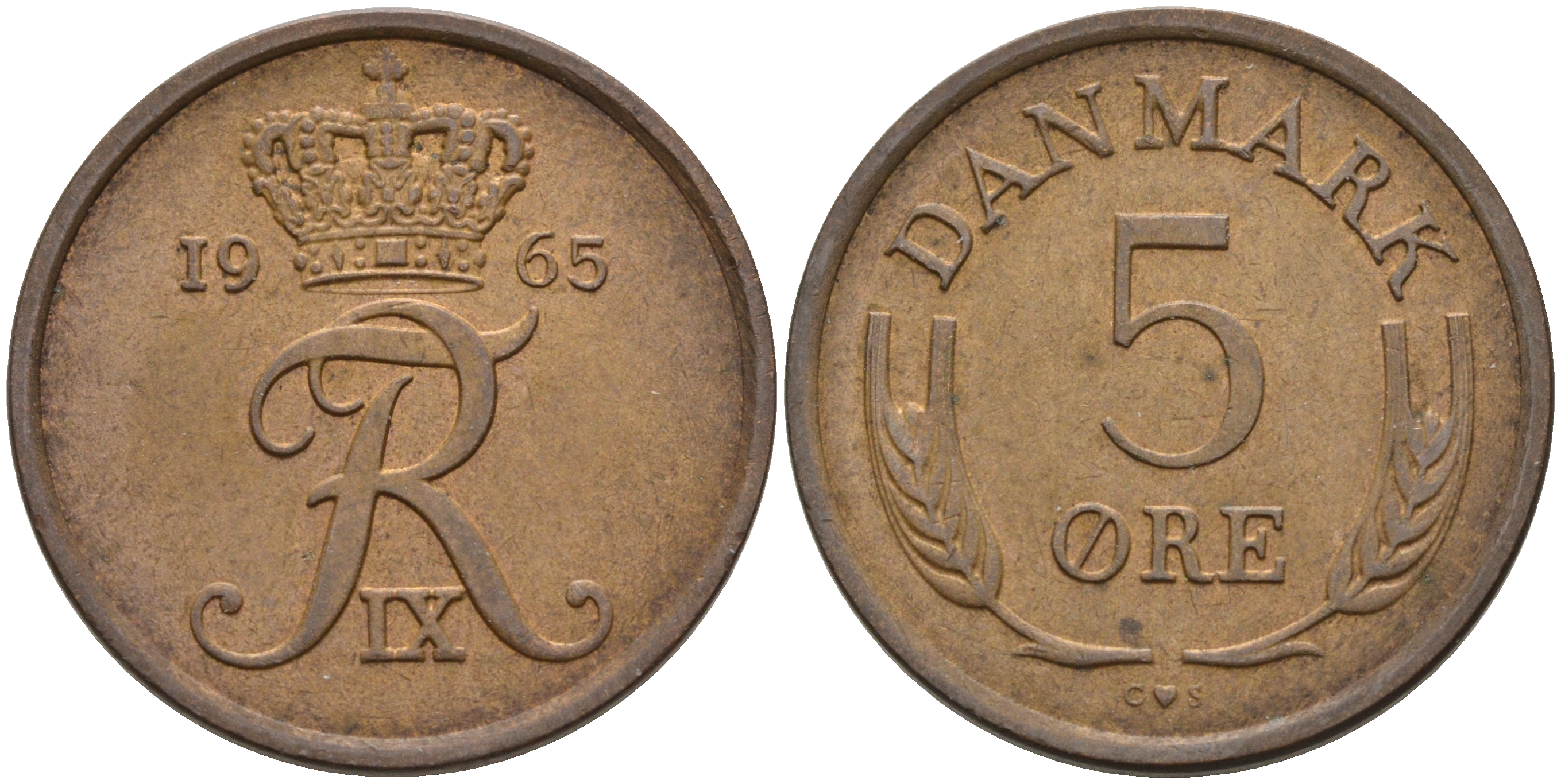 ДАНИЯ 5 ЭРЕ 1965 ФРИДЕРИК IX KM 848.1 бронза 4566-515