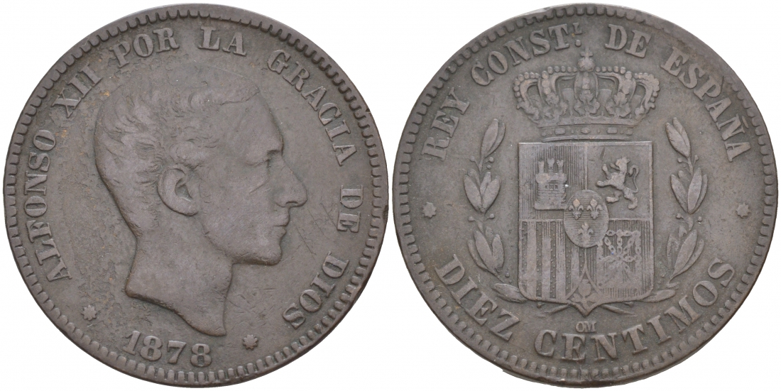 ИСПАНИЯ 10 СЕНТИМО 1878 ОМ, АЛЬФОНСО XII (1874-1885) KM 675 бронза 3855-545