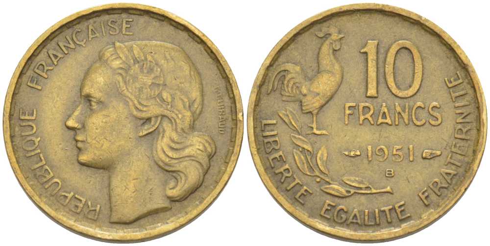 Франция 10 франков 1951 B, петух KM 915.2, Le Franc 363.5 алюминиевая бронза 175-633