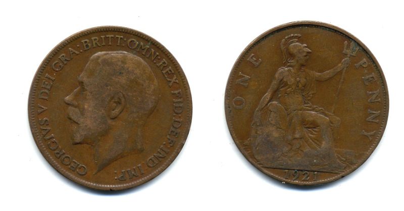 Великобритания 1 пенни 1921 Георг V (1910-1936) KM 810, Spink 4051 бронза 47-534