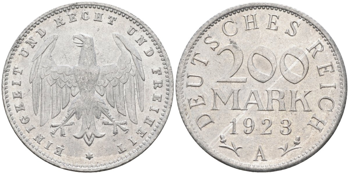 Германия 200 марок 1923 A KM 35, J. 304, Weege 22 алюминий UNC 4586-237
