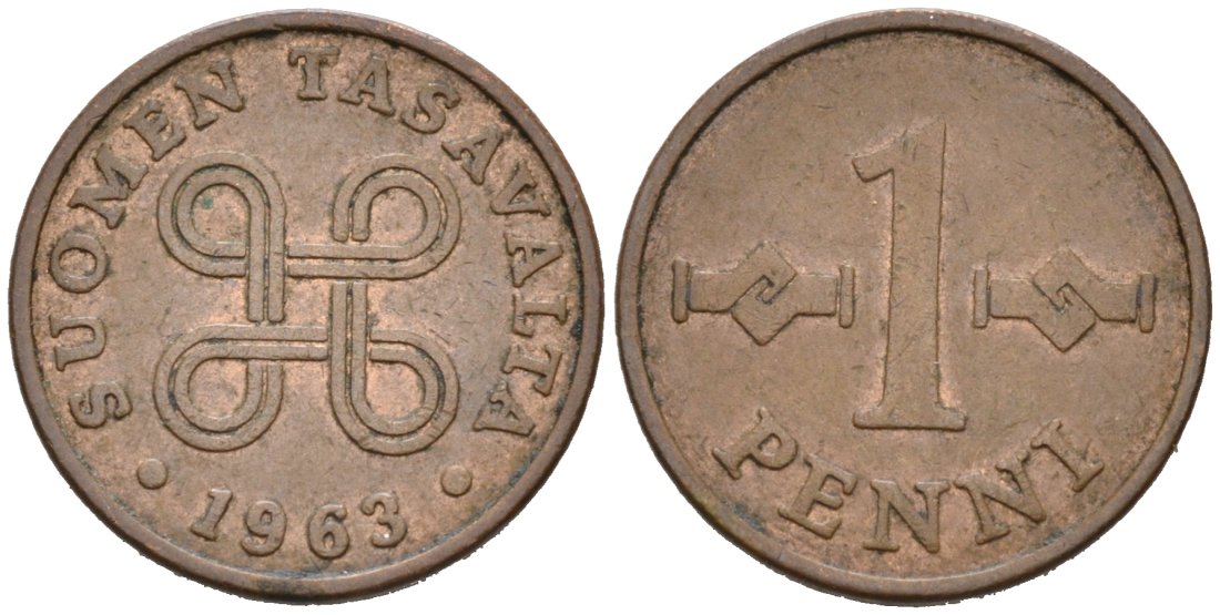 Финляндия 1 пенни 1963 первый год KM 44 медь 4564-854