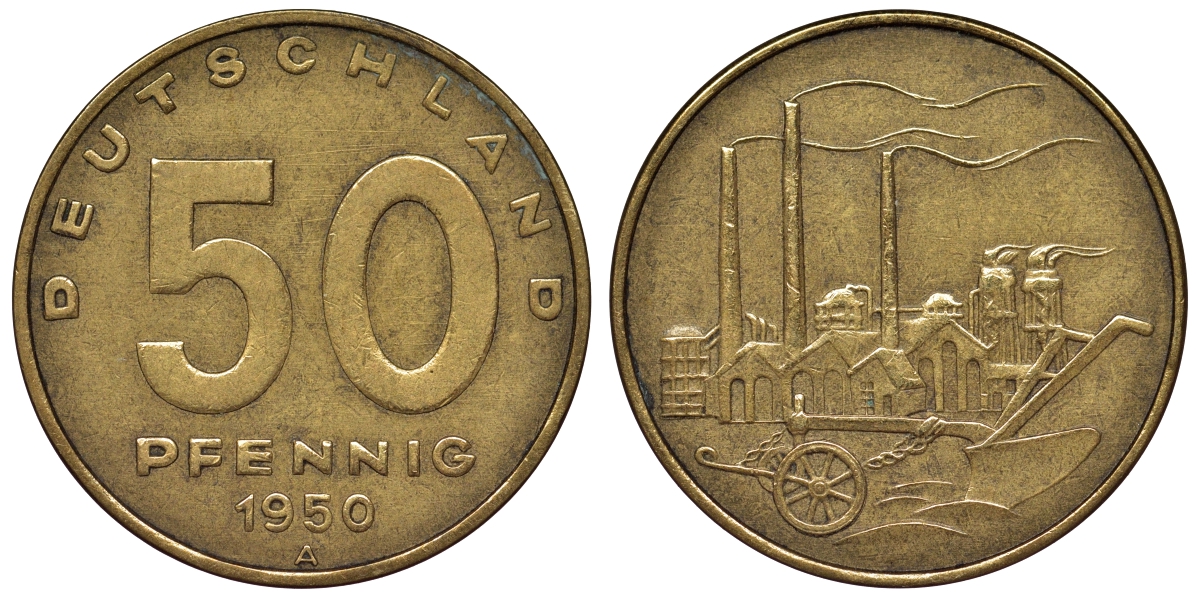 ГДР 50 пфеннигов 1950 KM 4 алюминиевая бронза 4119-857