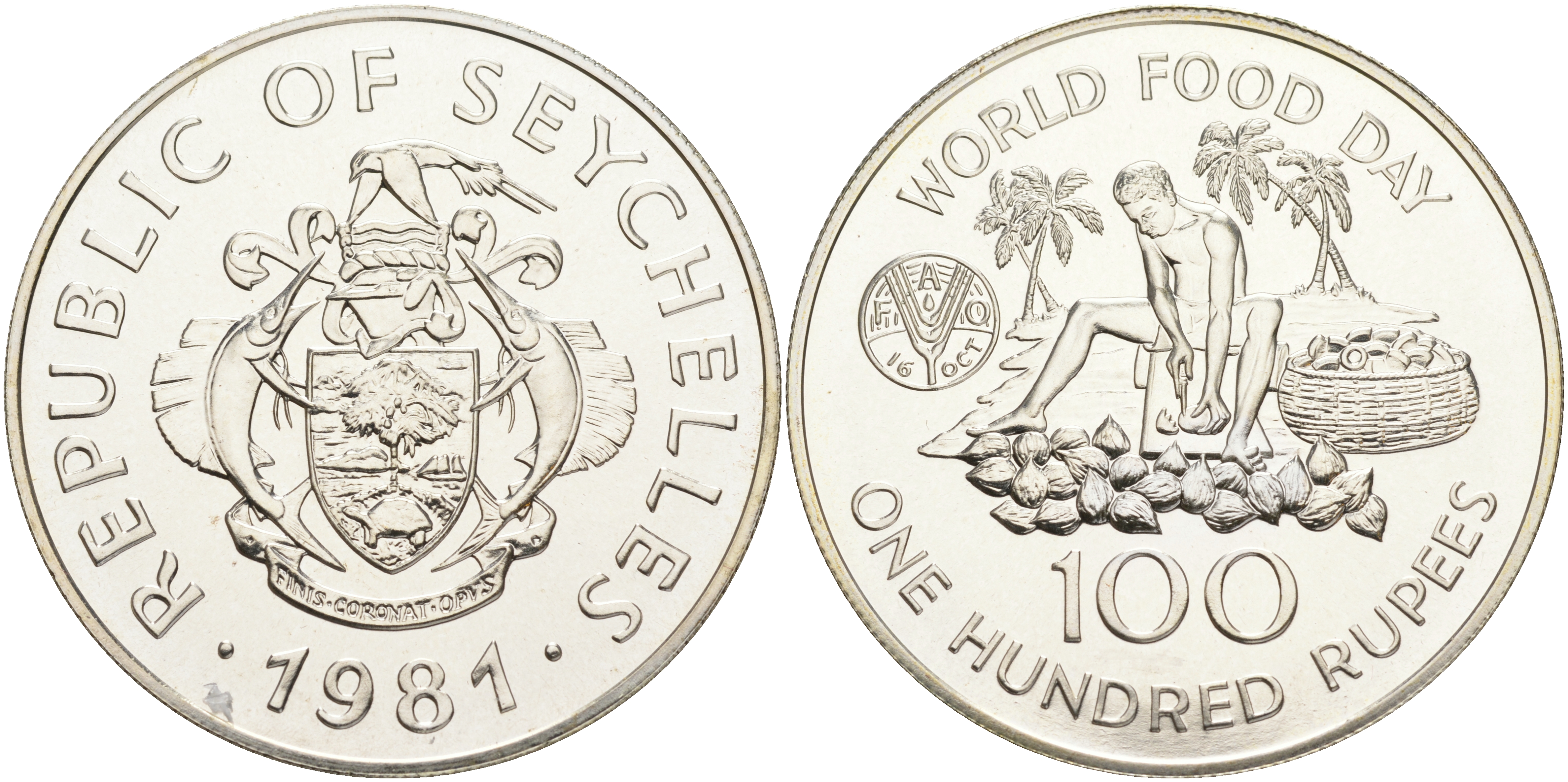 Сейшельские острова 100 рупий 1981 ФАО, всемирный день продовольствия, тираж 10000 экз. KM 45 a серебро UNC 02-263-22
