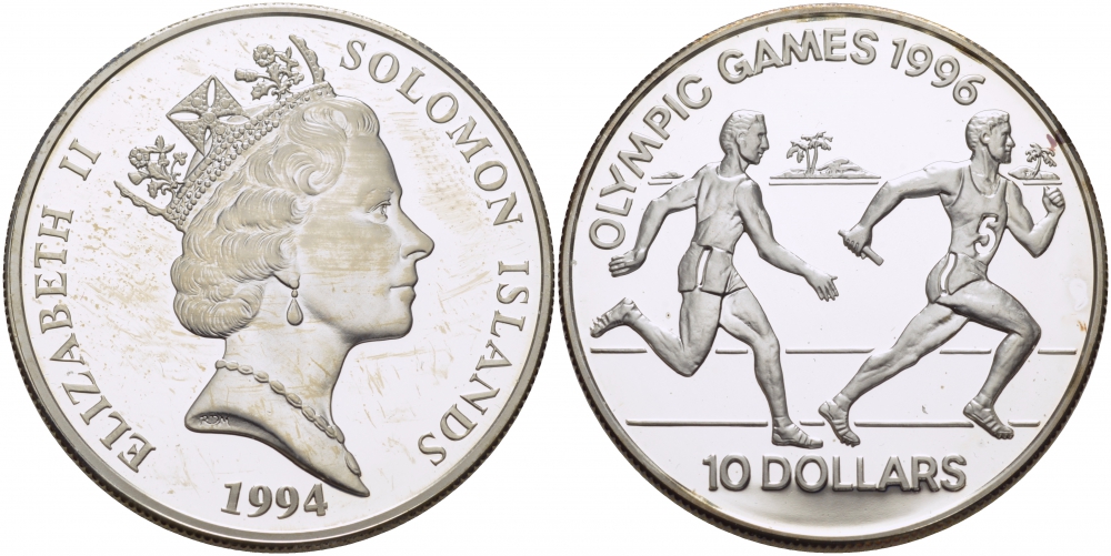 Соломоновы острова 10 долларов 1994 XXVI Олимпийские игры 1996 года в Атланте, бег, эстафета KM 53 серебро PROOF 1077-7-34