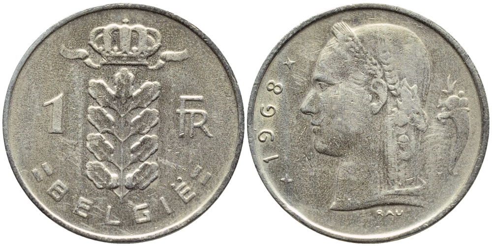 БЕЛЬГИЯ 1 ФРАНК 1968 BELGIE KM 143.1 медно-никель 4388-1035