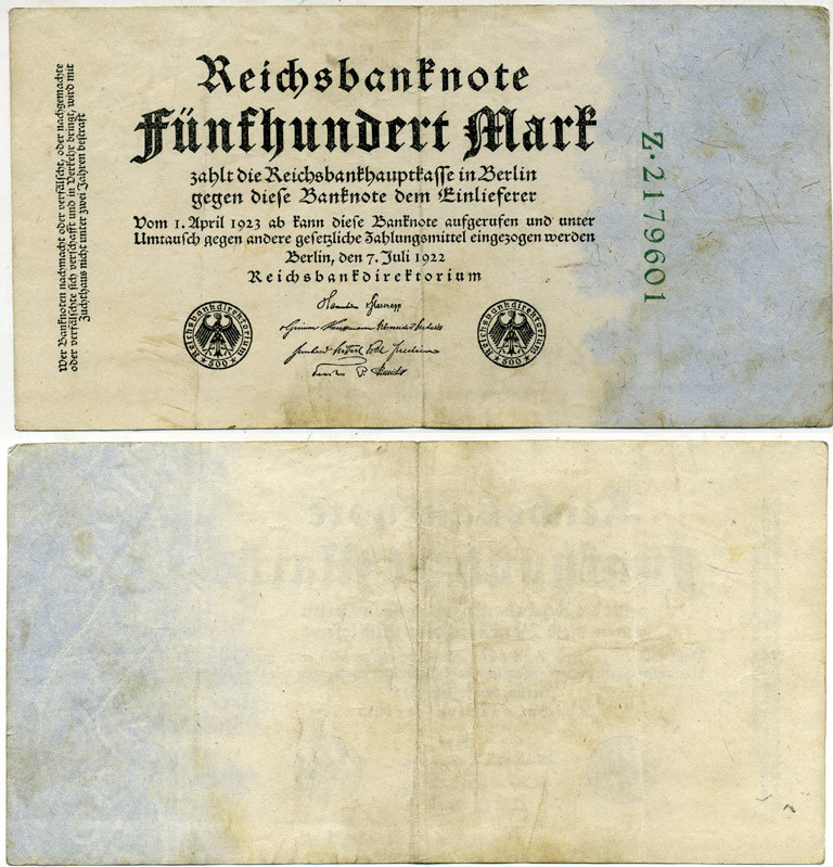 Германия 500 марок 1922 зеленая серия, 7 цифр в номере Pick 74 b бумага 3295-68-3