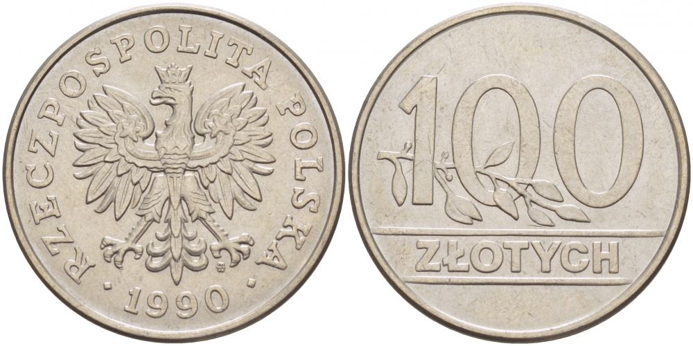 Польша 100 злотых 1990 MW, Демократическая Республика KM 214, Parchimowicz 602 медно-никель UNC 4517-841