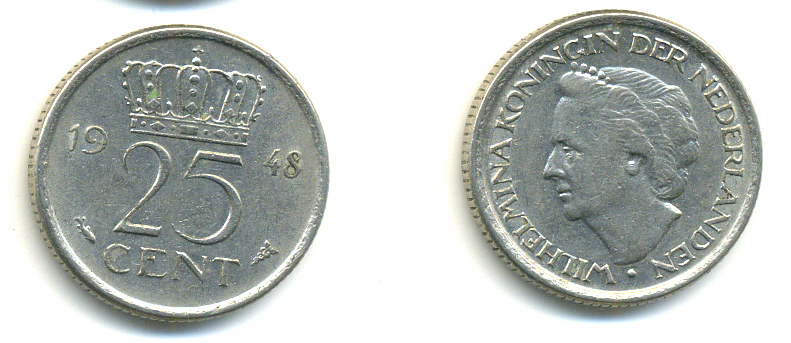 НИДЕРЛАНДЫ 25 ЦЕНТОВ 1948 ВИЛЬГЕЛЬМИНА KM 178 никель 83-1021