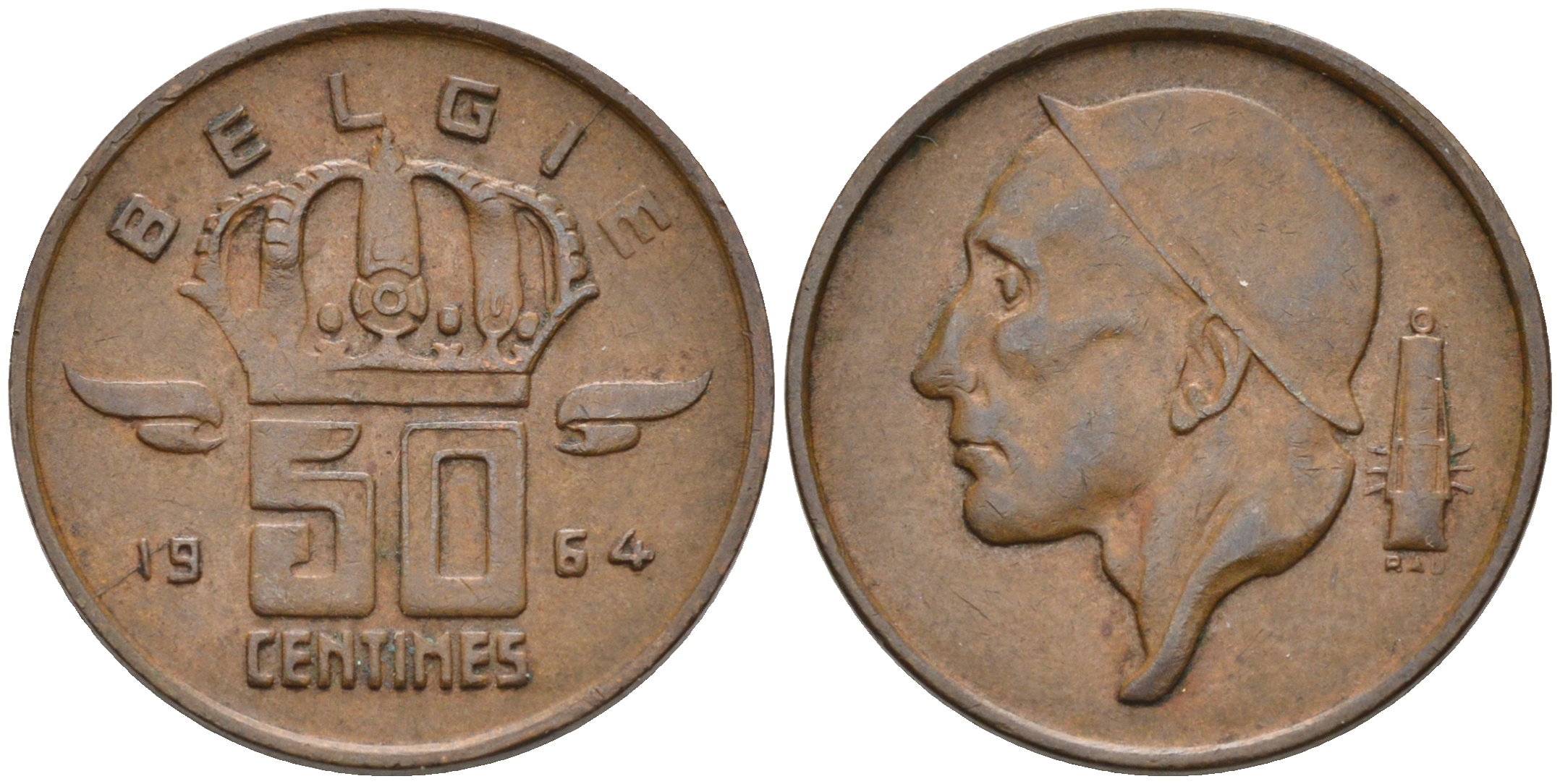 БЕЛЬГИЯ 50 САНТИМОВ 1964 BELGIE KM 149.1 бронза 4564-153