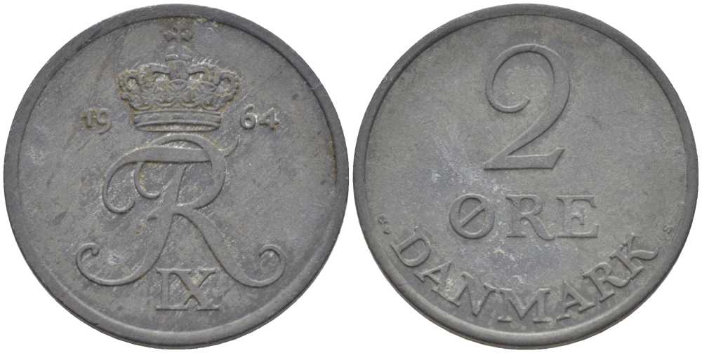 ДАНИЯ 2 ЭРЕ 1964 C; S, ФРЕДЕРИК IX (1947-1972) KM 840.2 цинк 67-357