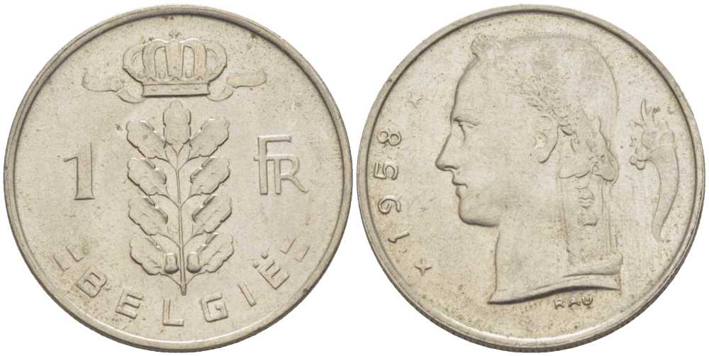 Бельгия 1 франк 1958 Belgie, Бодуэн I (1951-1993) KM 143.1 медно-никель 259-527