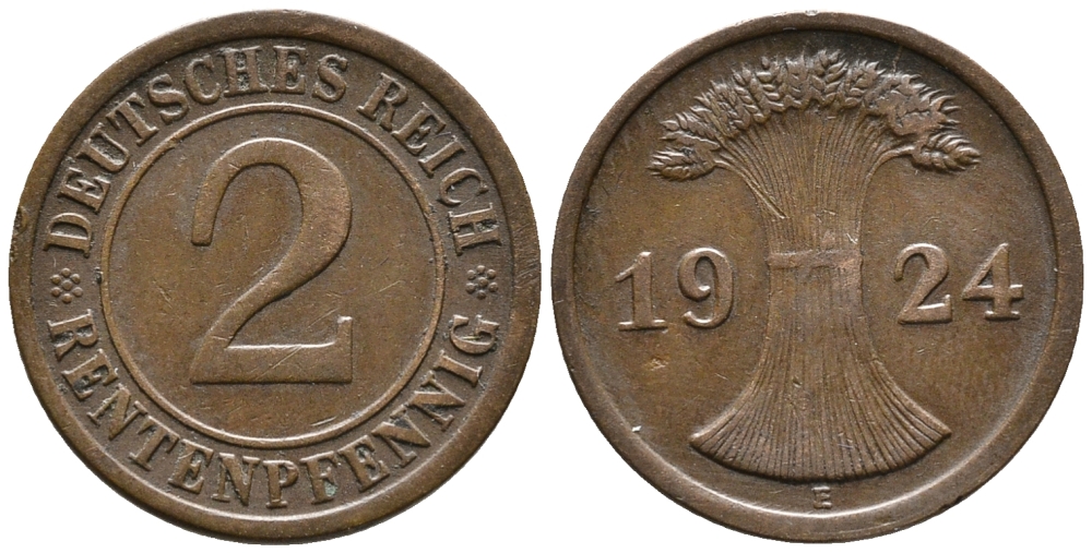 ГЕРМАНИЯ 2 РЕНТЕНПФЕННИГА 1924 E KM 31, J. 307 бронза 24-457