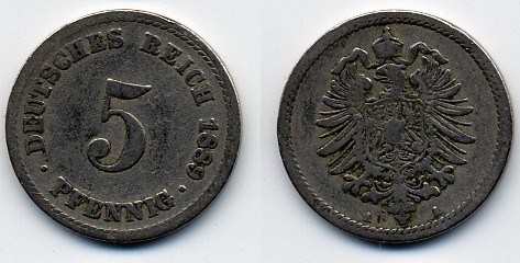 ГЕРМАНИЯ 5 ПФЕННИГОВ 1889 A, СТАРОГЕРБОВКА KM 3, J.3 медно-никель 51-5051