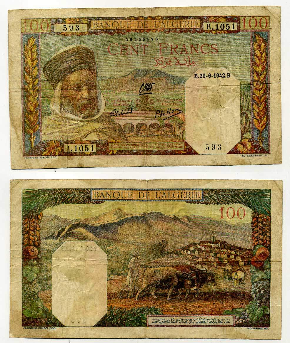 Алжир 100 франков 1942 ферма, быки, 30 июня 1942 Pick 88 бумага 451-261-2