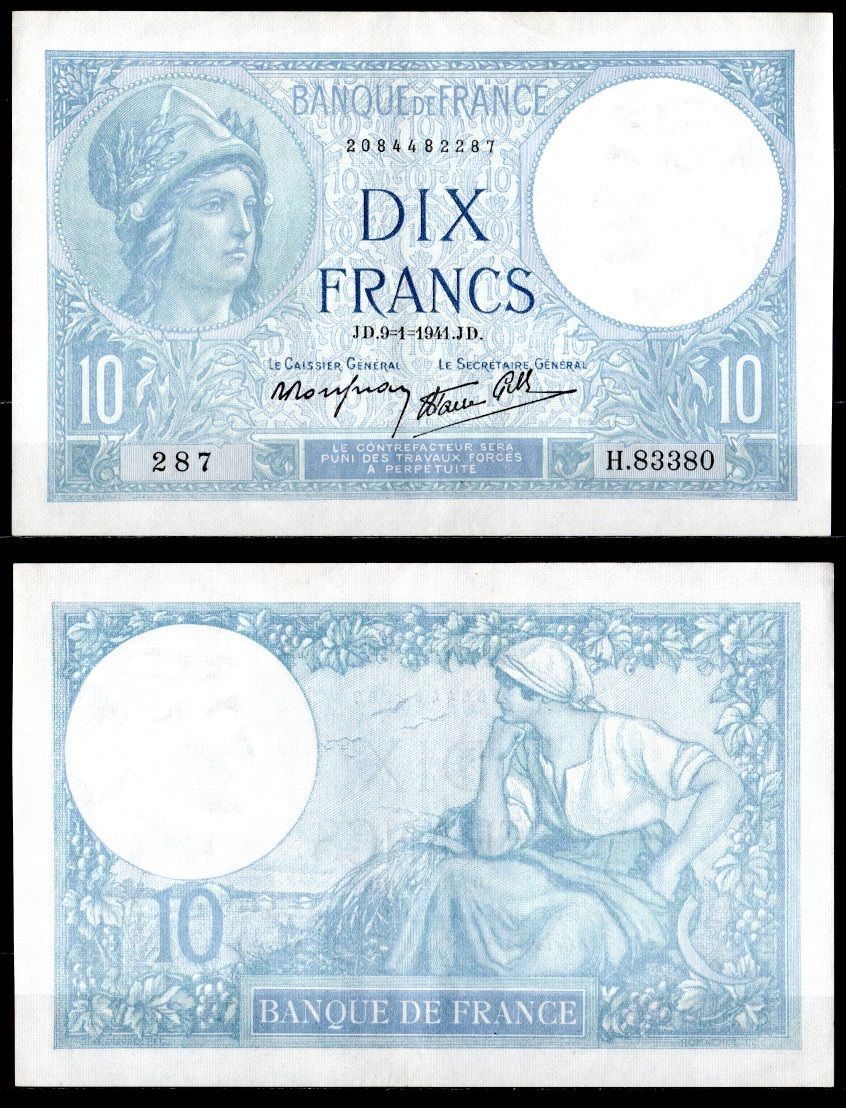 Франция 10 франков 1941 Минерва, крестьянка Pick 84 бумага 451-939-1